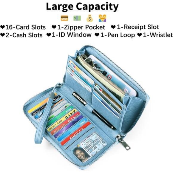 New Womens Wallet RFID Blocking Leather Zip Around Wallet Large Capacity - Picture 3 of 6